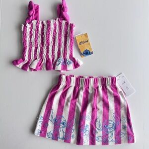 Disney Stitch Toddler Girls 2-Piece Terry Striped Skirt Outfit Pink Size 2T NWT